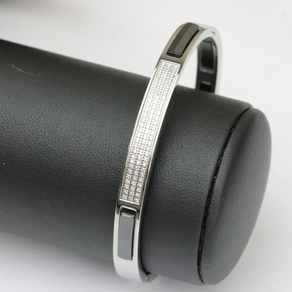 Jewelry - Elegant Stainless Steel Bracelet with Black Accents & CZ Detailing, THJWEL003